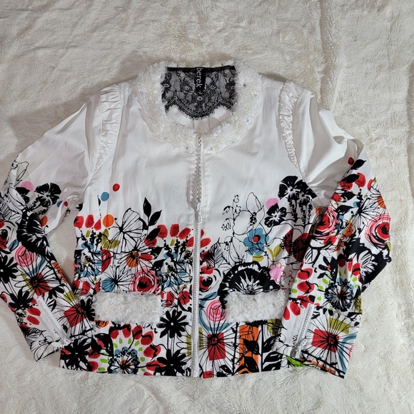 Berek Jacket Womens Large White Flower Pop Stretch Bling Zipper Short Pockets - Picture 13 of 14